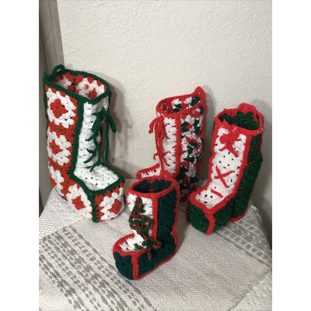 Christmas Stockings Vintage Handmade Grandma Square Crochet Red Green White 6